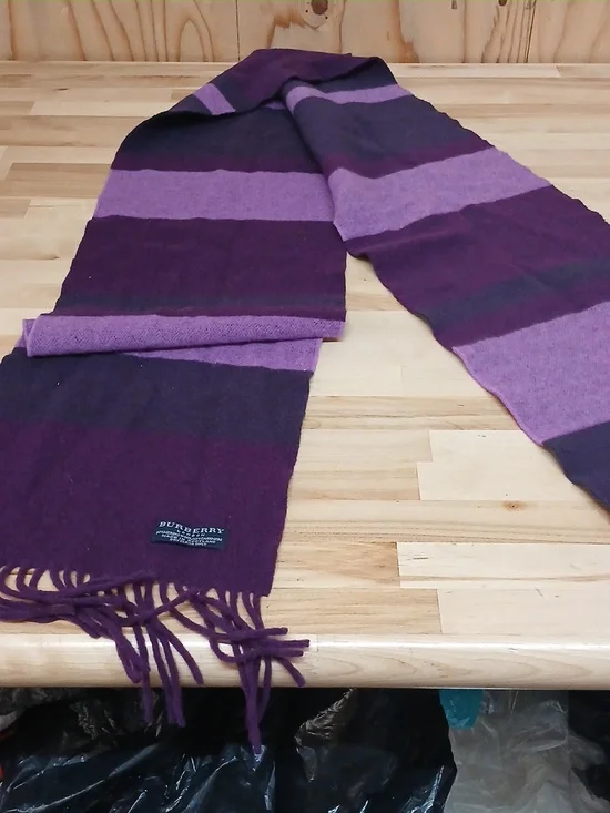 Burberry Wool Cashmere Blend Purple Striped Fringe Scarf - Picture 7 of 7